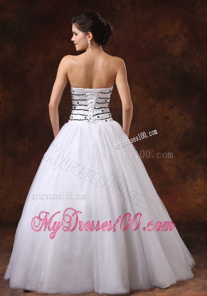 Lace-up White Organza Prom Gown with Black Beaded Bodice