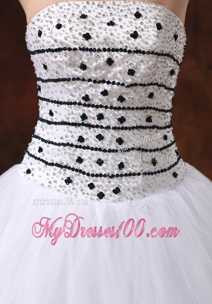 Lace-up White Organza Prom Gown with Black Beaded Bodice