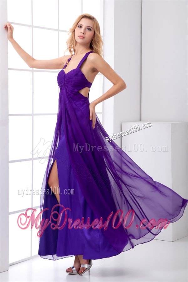 Purple Empire Straps Ruching Ankle-length Evening Dress with Criss Cross