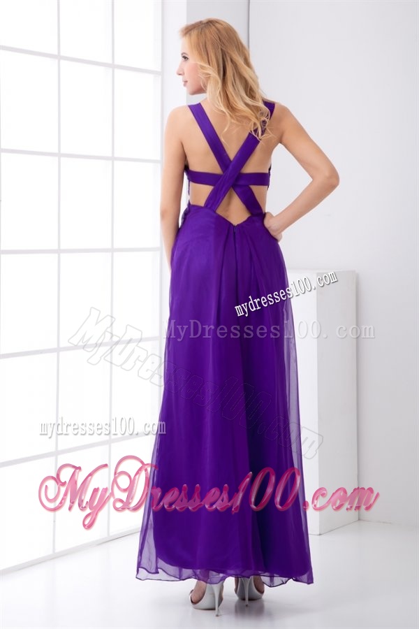 Purple Empire Straps Ruching Ankle-length Evening Dress with Criss Cross