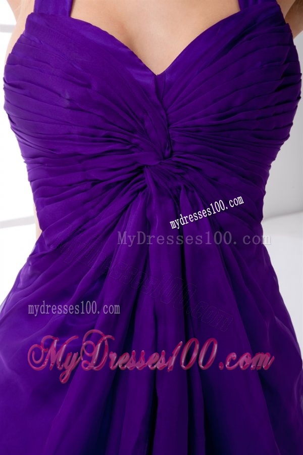 Purple Empire Straps Ruching Ankle-length Evening Dress with Criss Cross