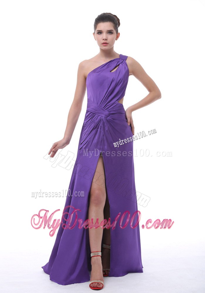 One Shoulder High Slit Chiffon Prom Dress in Purple with Ruche