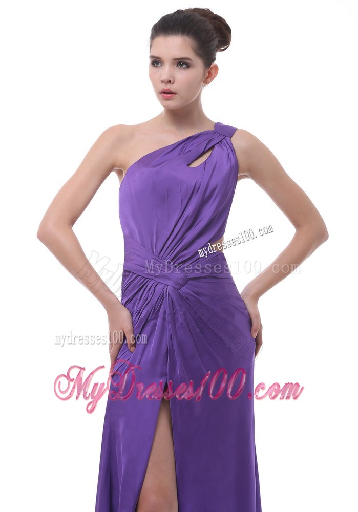 One Shoulder High Slit Chiffon Prom Dress in Purple with Ruche