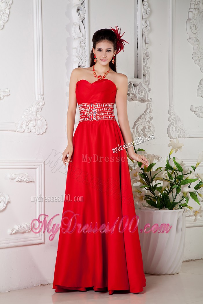 Floor-length Red Empire Prom Dress with Beading and Pleats
