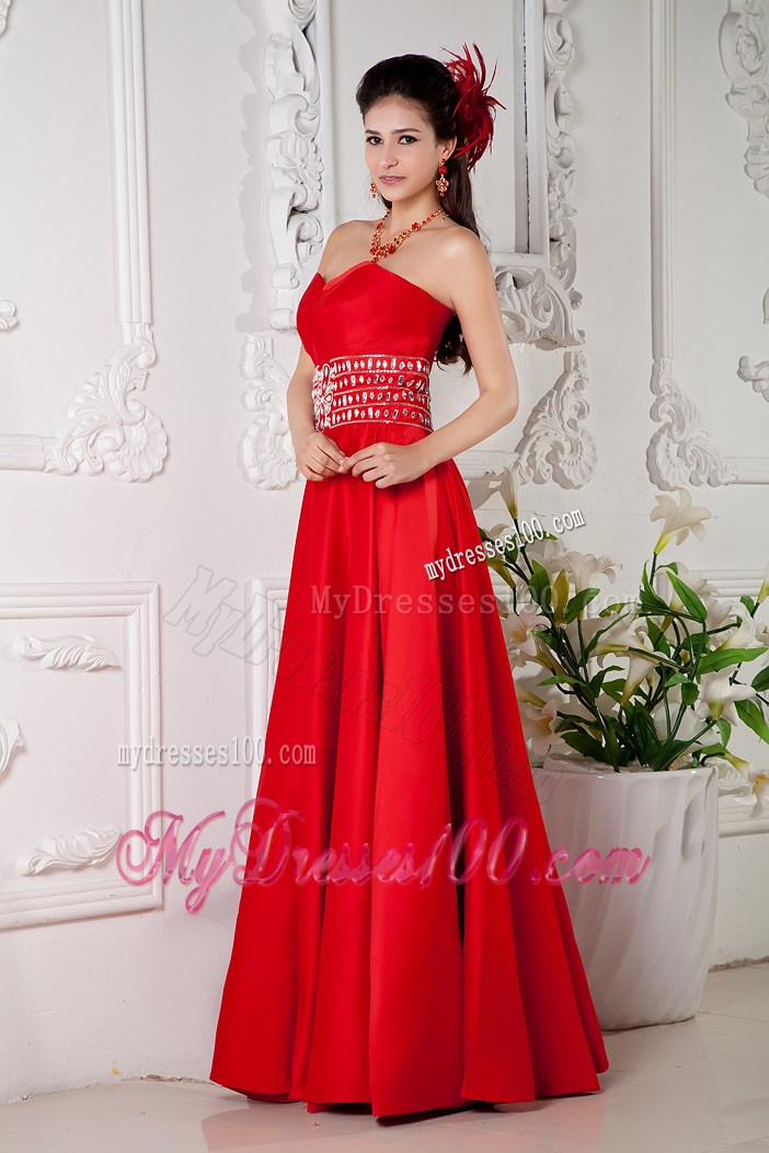 Floor-length Red Empire Prom Dress with Beading and Pleats