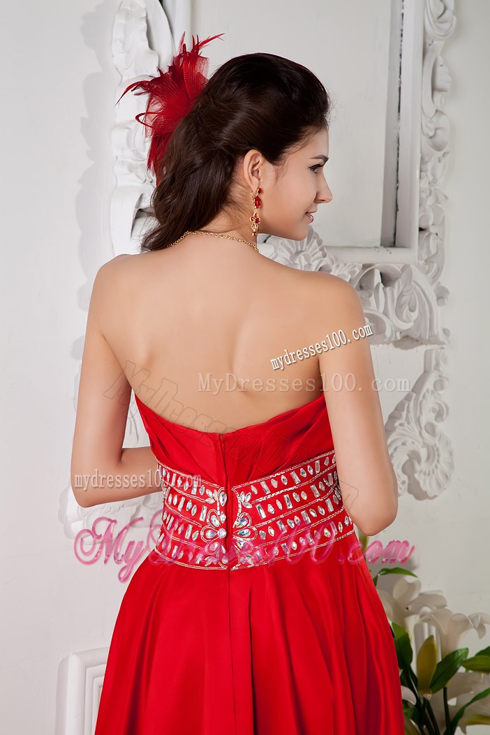 Floor-length Red Empire Prom Dress with Beading and Pleats