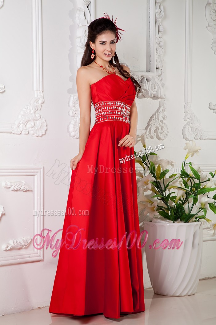 Floor-length Red Empire Prom Dress with Beading and Pleats