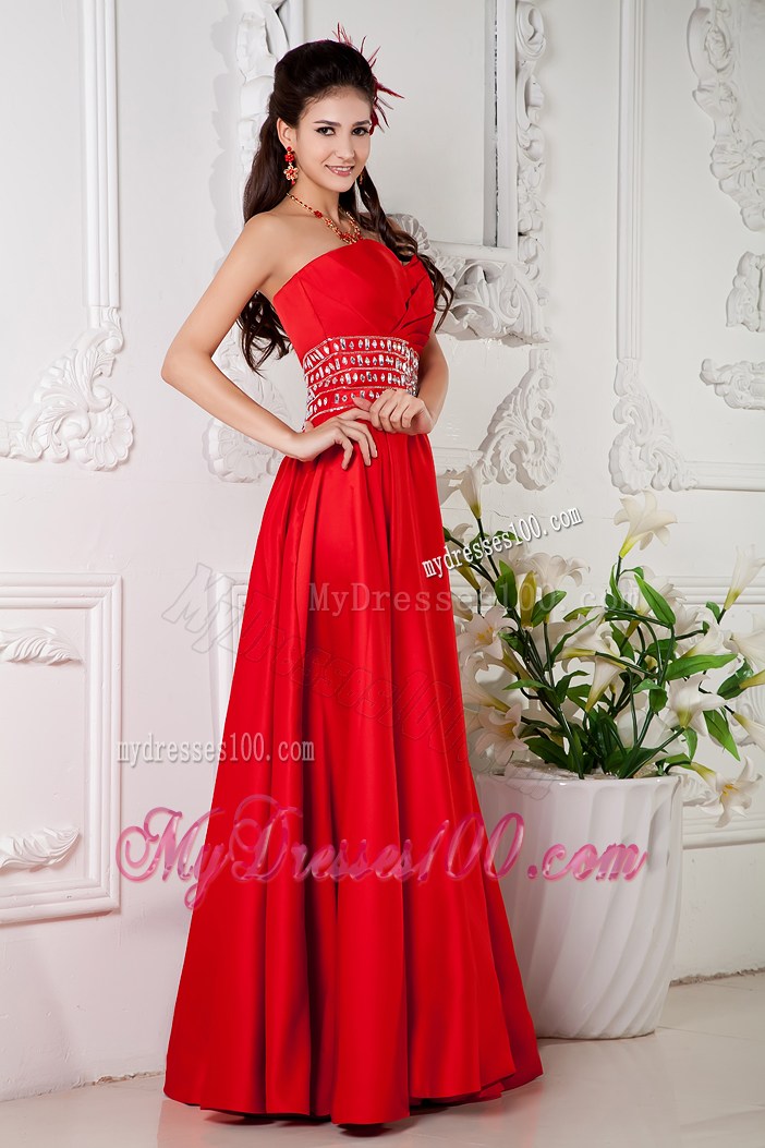 Floor-length Red Empire Prom Dress with Beading and Pleats