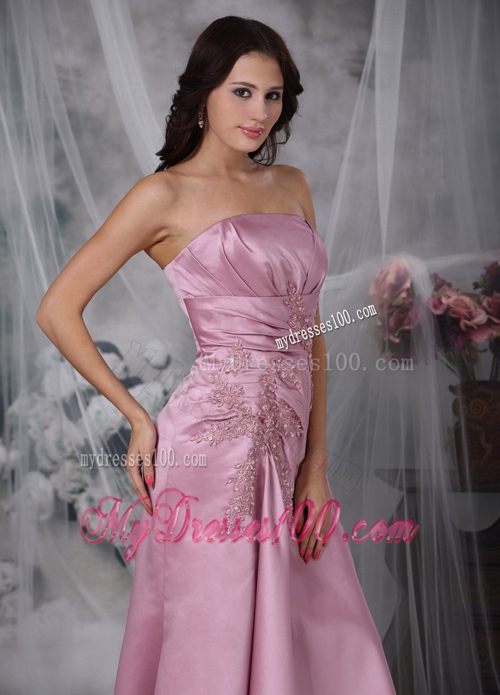 Rose Pink Column Appliques Decorate Prom Dress in Floor-length
