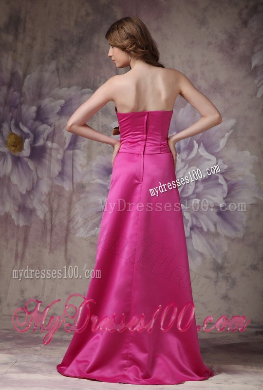 Hot Pink Column Ruch and Bows Decorate Prom Dress with Brush