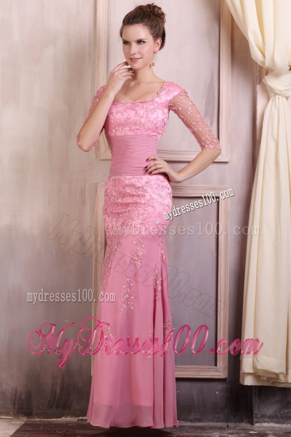 Rose Pink Square Appliques Column Chiffon Half Sleeves Evening Dress