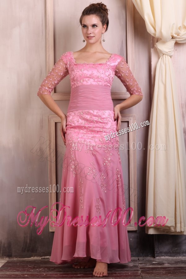 Rose Pink Square Appliques Column Chiffon Half Sleeves Evening Dress