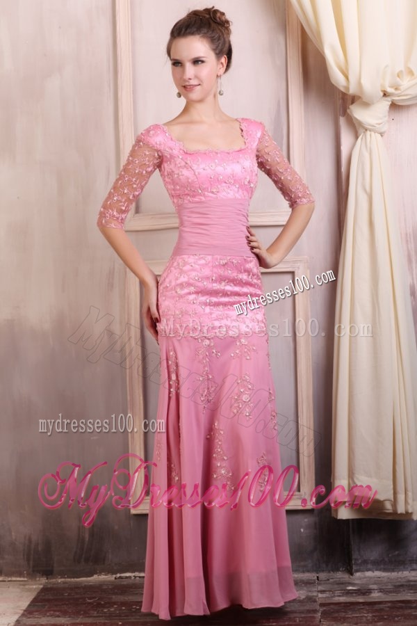 Rose Pink Square Appliques Column Chiffon Half Sleeves Evening Dress
