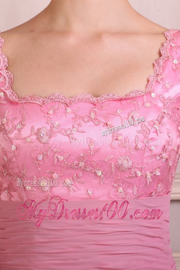 Rose Pink Square Appliques Column Chiffon Half Sleeves Evening Dress