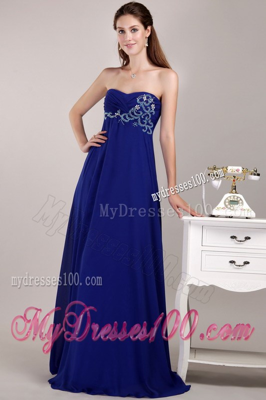 Strapless Embroidered Empire Prom Gown in Royal Blue
