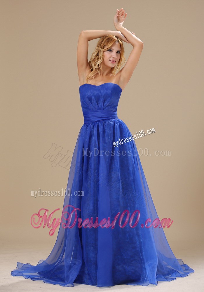 Strapless Sweetheart Blue Organza Brush Train Prom Gown