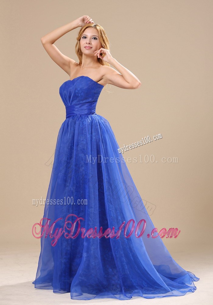 Strapless Sweetheart Blue Organza Brush Train Prom Gown