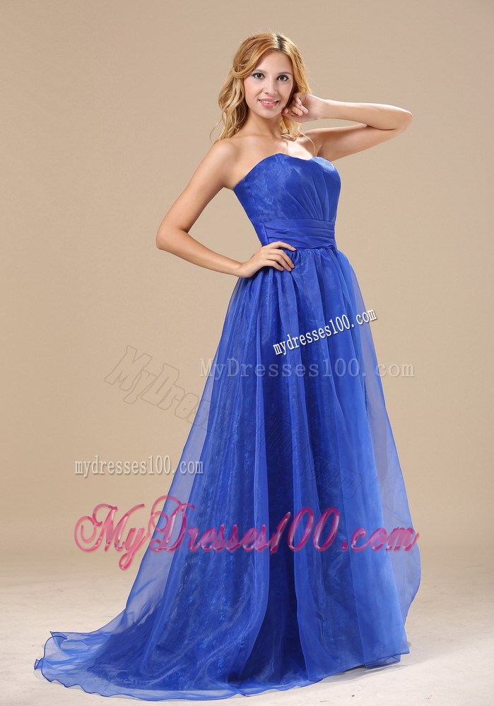 Strapless Sweetheart Blue Organza Brush Train Prom Gown