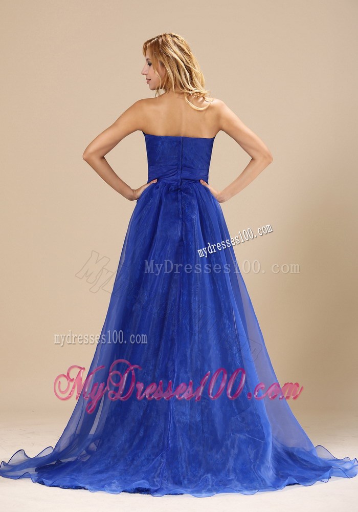 Strapless Sweetheart Blue Organza Brush Train Prom Gown