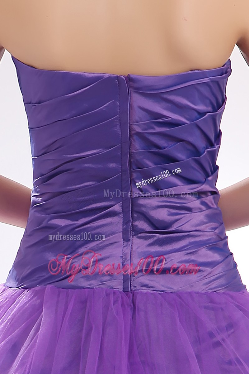 Romantic Ruched Bodice Purple A-line Tulle Dresses for Prom