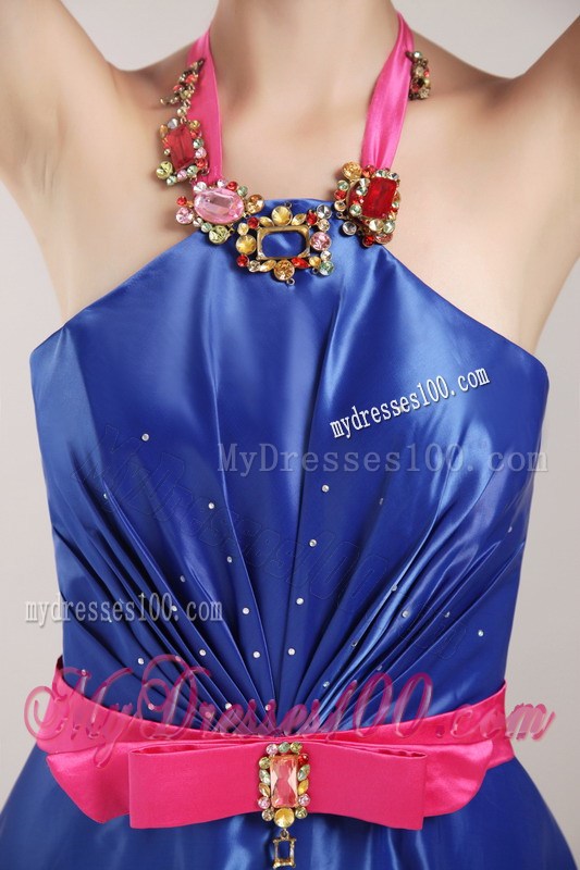Halter Brush Train Prom Gown in Hot Pink and Royal Blue