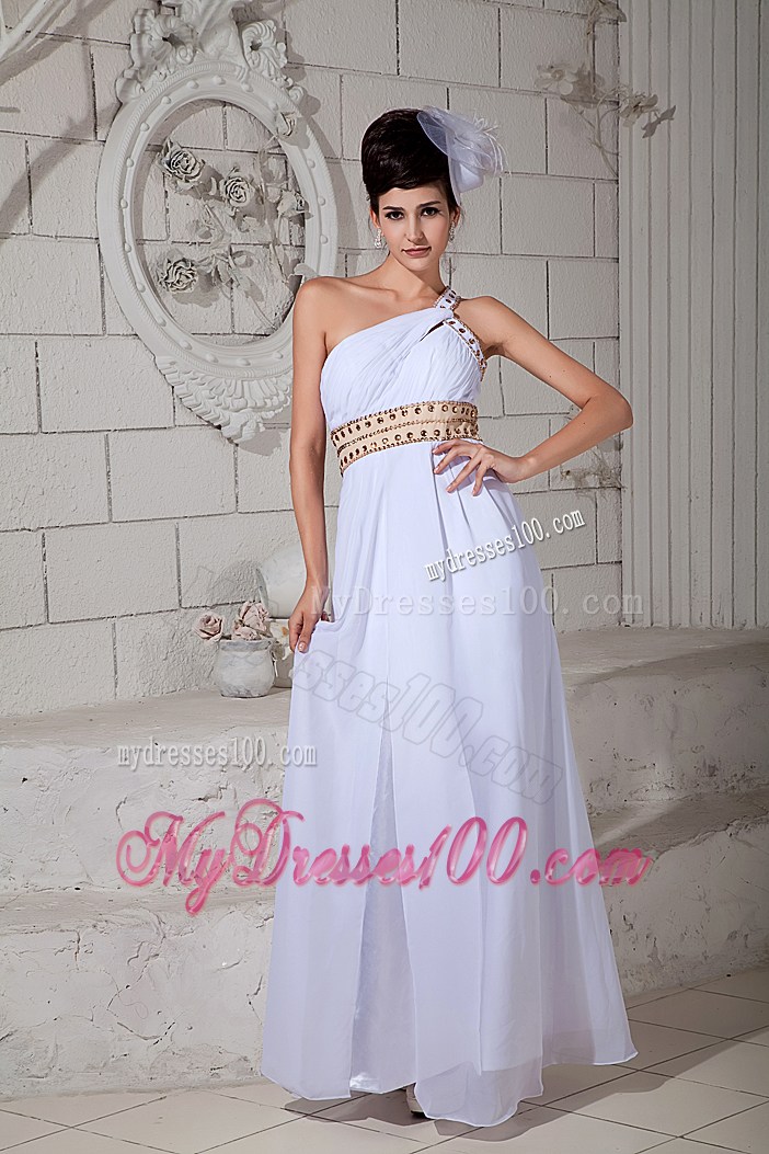 Ankle Length White Beaded One Shoulder Prom Dresses with Beading Belt