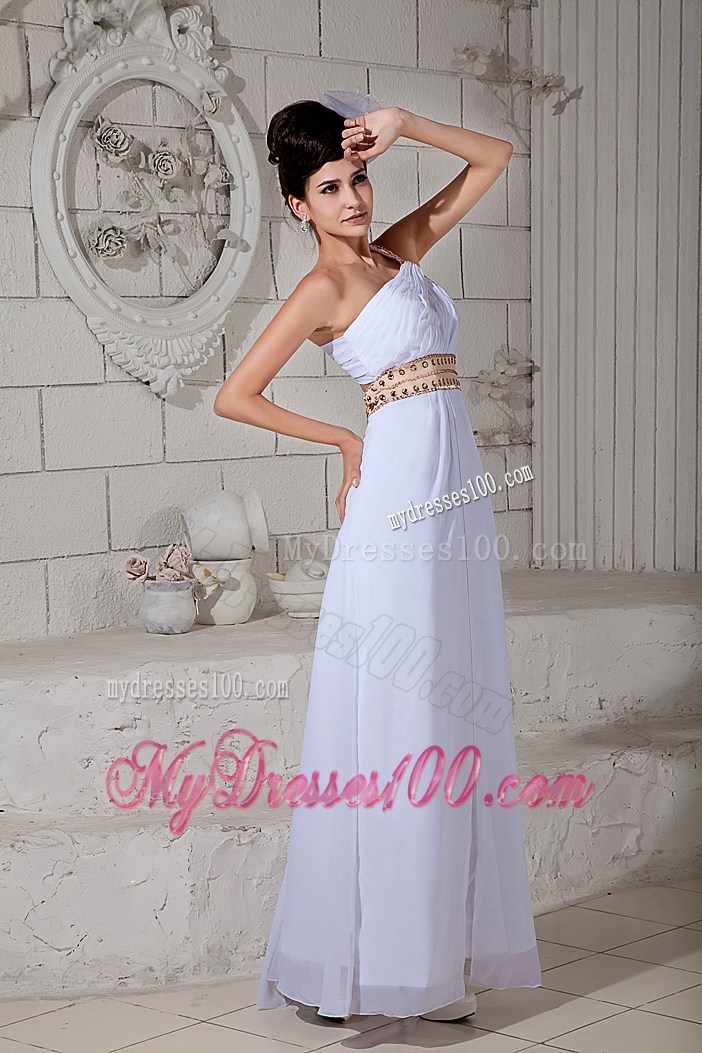 Ankle Length White Beaded One Shoulder Prom Dresses with Beading Belt