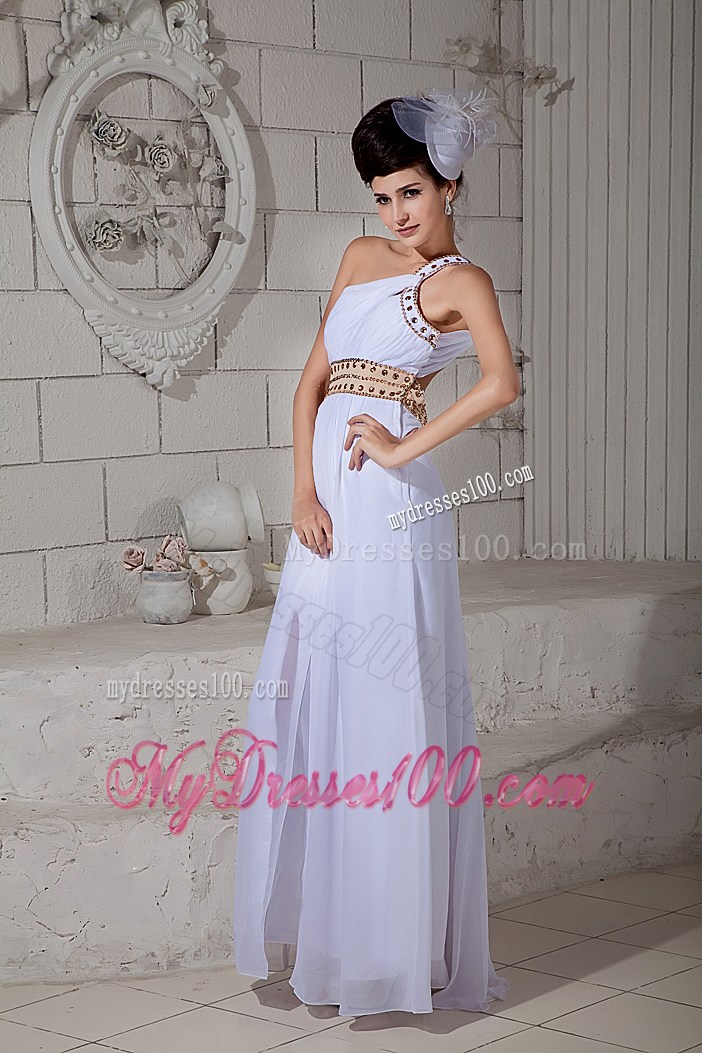Ankle Length White Beaded One Shoulder Prom Dresses with Beading Belt