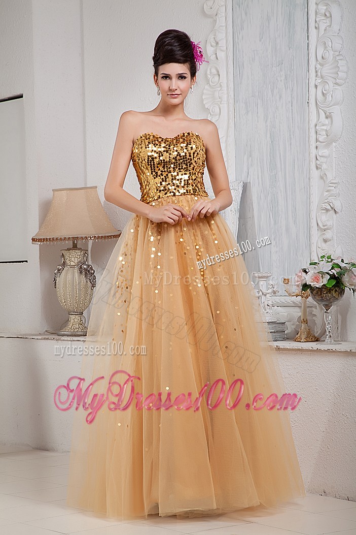 Gold Sequined Column Sweetheart Tulle Prom Gown For Woman