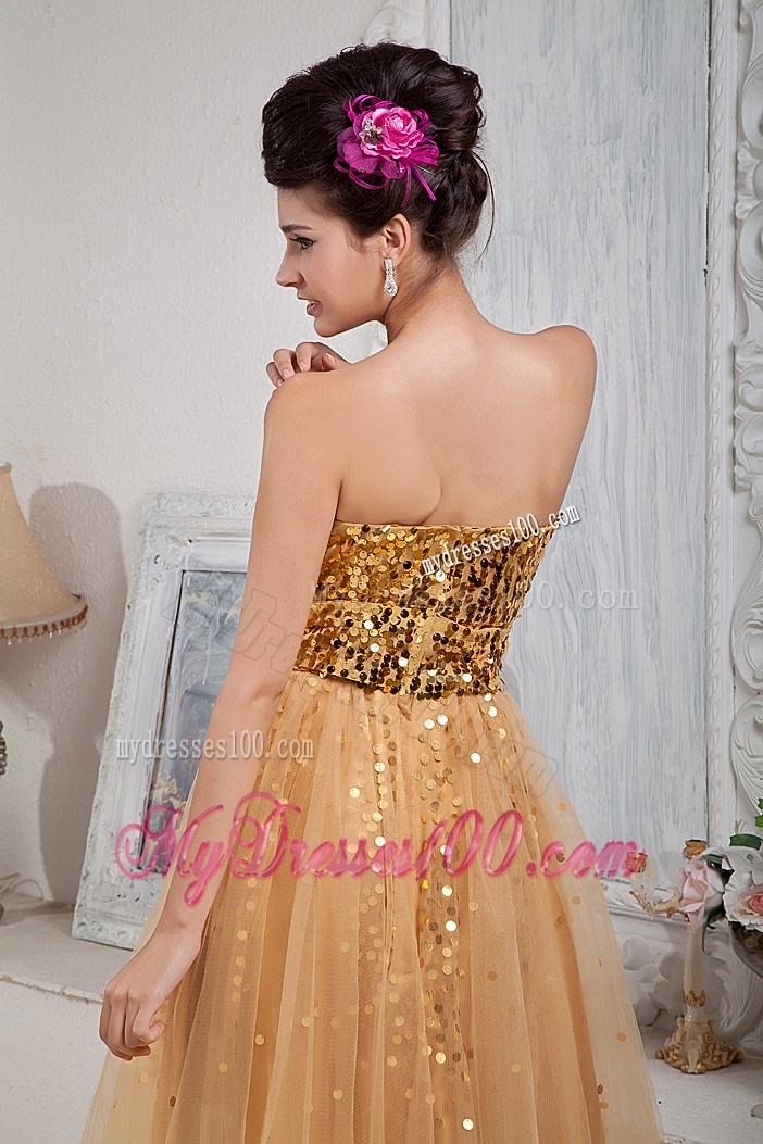Gold Sequined Column Sweetheart Tulle Prom Gown For Woman