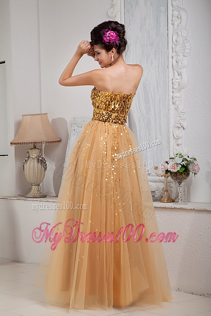 Gold Sequined Column Sweetheart Tulle Prom Gown For Woman