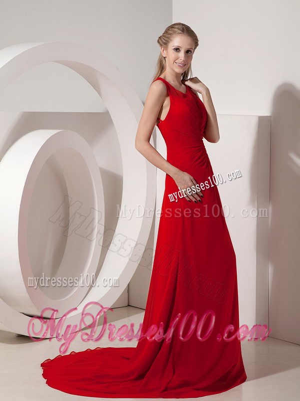 Pretty Wine Red Prom Dress Column style Scoop Neckline with Brush