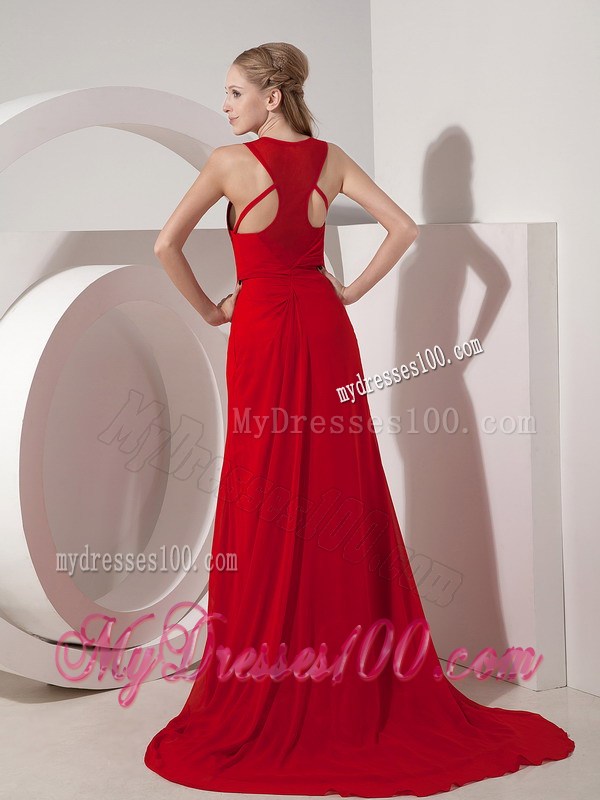 Pretty Wine Red Prom Dress Column style Scoop Neckline with Brush