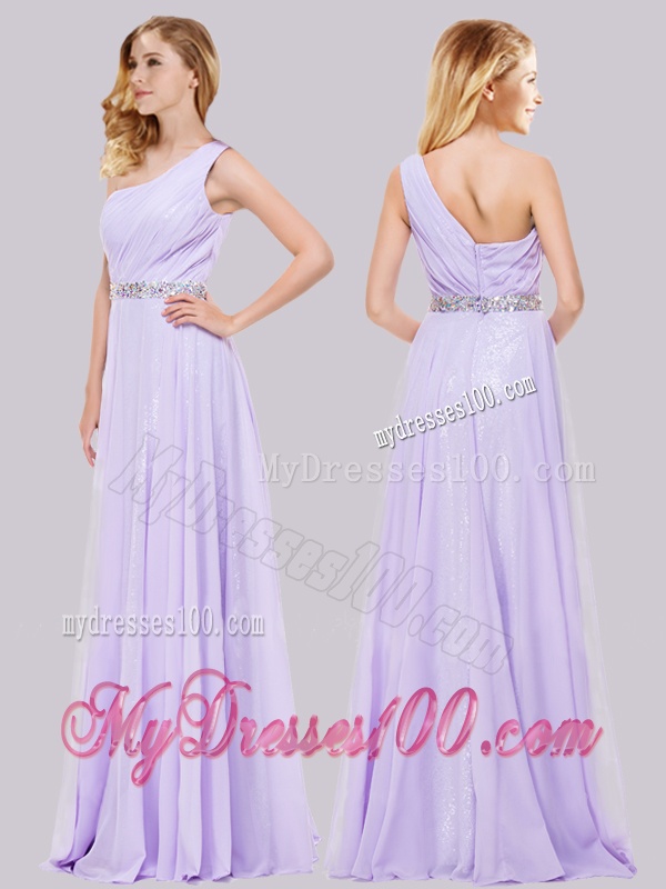 Simple One Shoulder Belted with Beading Evening Dress in Lavender
