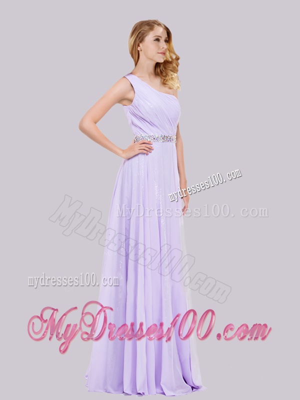 Simple One Shoulder Belted with Beading Evening Dress in Lavender