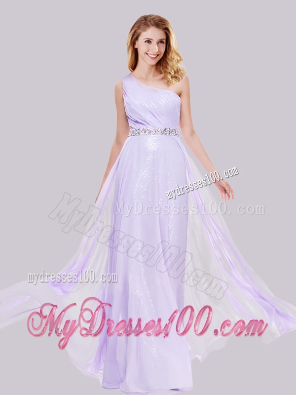 Simple One Shoulder Belted with Beading Evening Dress in Lavender