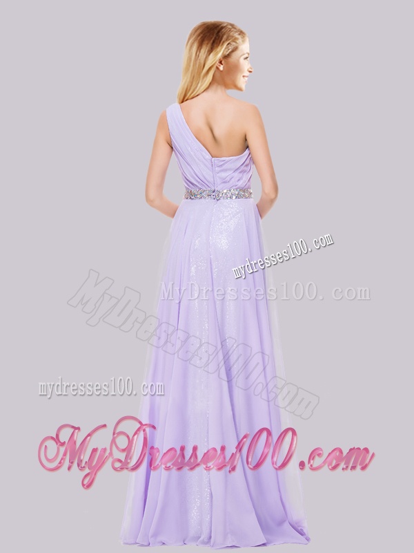 Simple One Shoulder Belted with Beading Evening Dress in Lavender
