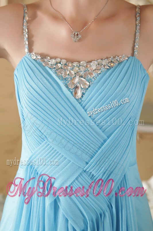 Beaded Straps Accent Pleated Aqua Blue Prom Dresses