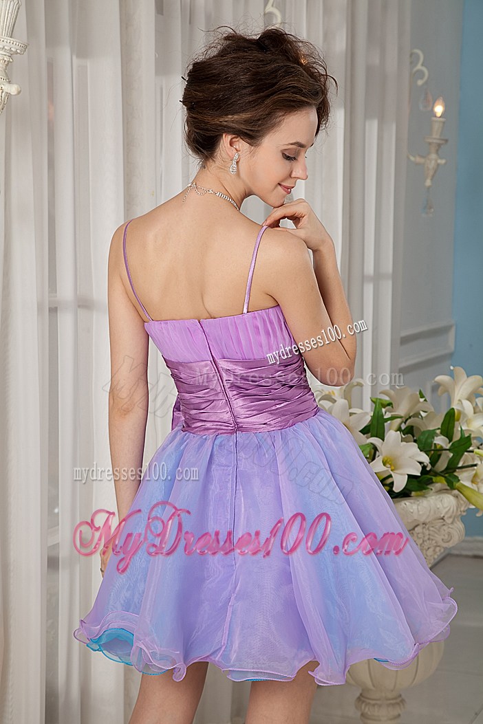 Colored Spaghetti Straps Short Ruched Prom Gown with Ruched Bowknot