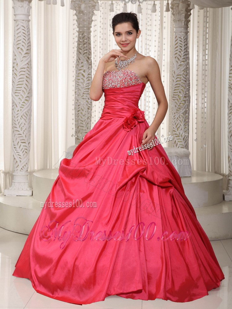 Beading and Ruched Decorate on Coral Red A-line Prom Gown