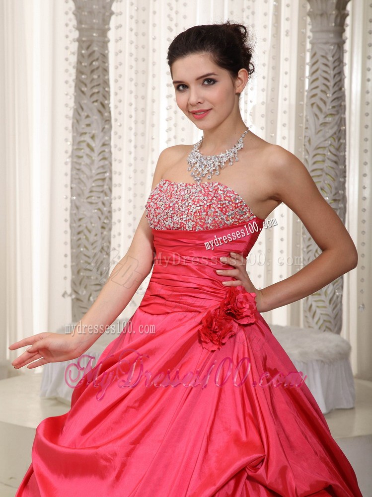 Beading and Ruched Decorate on Coral Red A-line Prom Gown