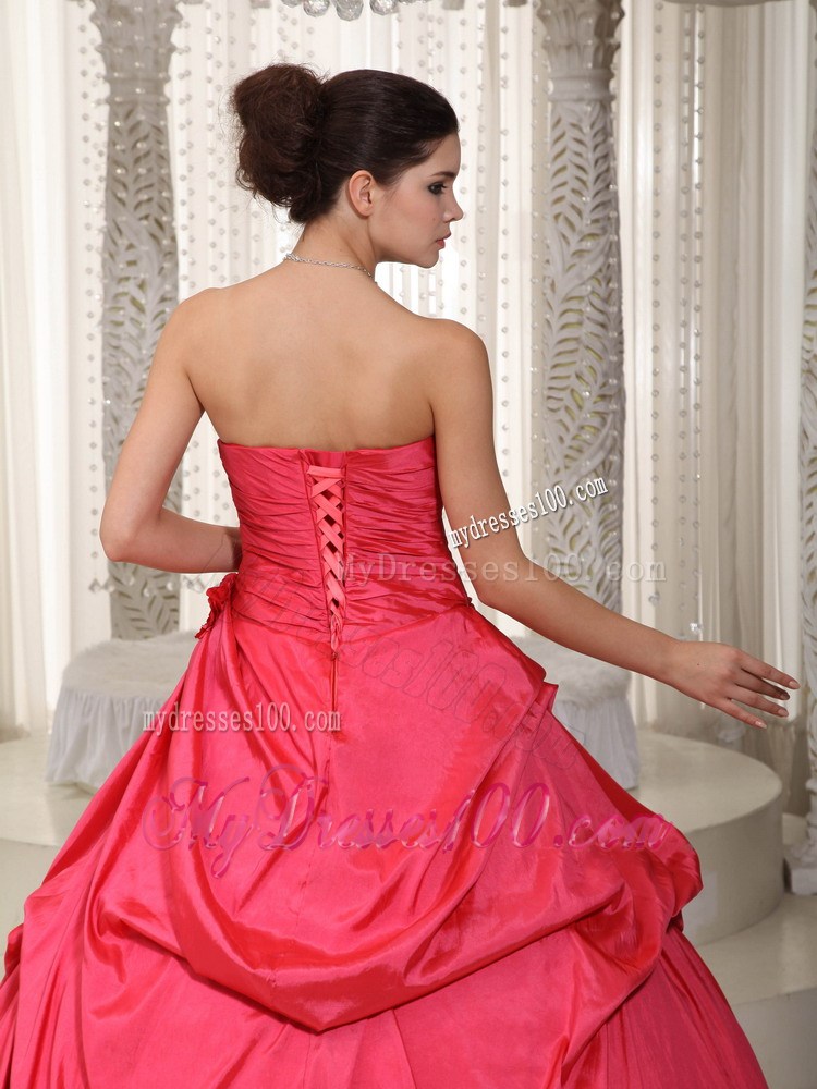 Beading and Ruched Decorate on Coral Red A-line Prom Gown