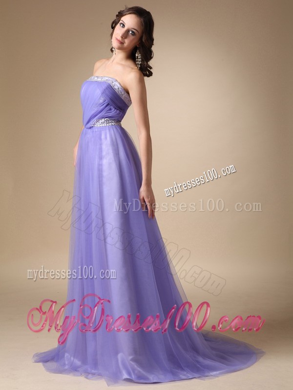 Simple Lilac A-line Beading Decorate Prom Dress with Brush Train
