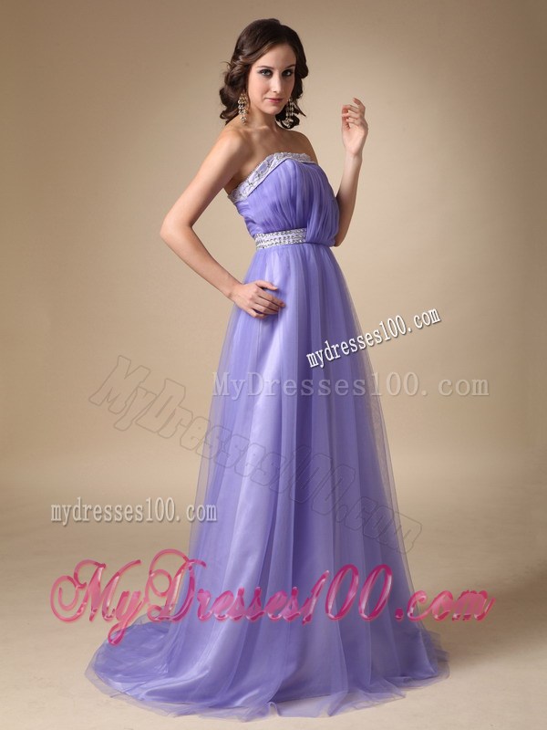 Simple Lilac A-line Beading Decorate Prom Dress with Brush Train