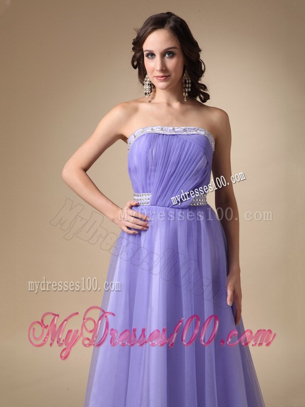 Simple Lilac A-line Beading Decorate Prom Dress with Brush Train