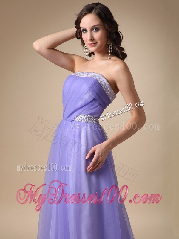 Simple Lilac A-line Beading Decorate Prom Dress with Brush Train