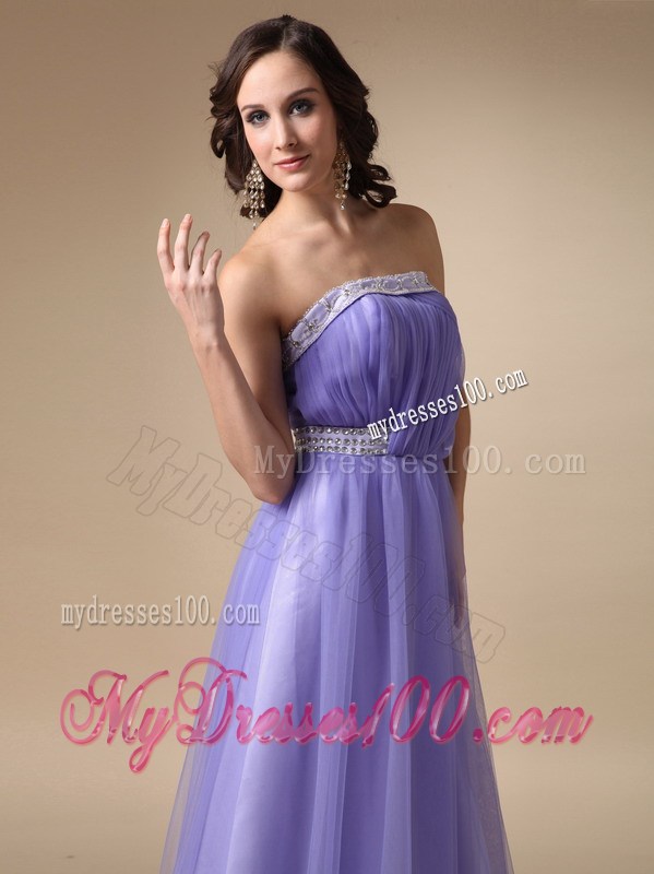 Simple Lilac A-line Beading Decorate Prom Dress with Brush Train
