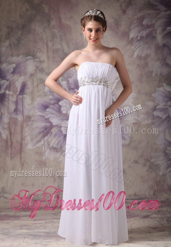 Simple White Chiffon Dress for Prom Decorated with Ruching and Beaded Waist