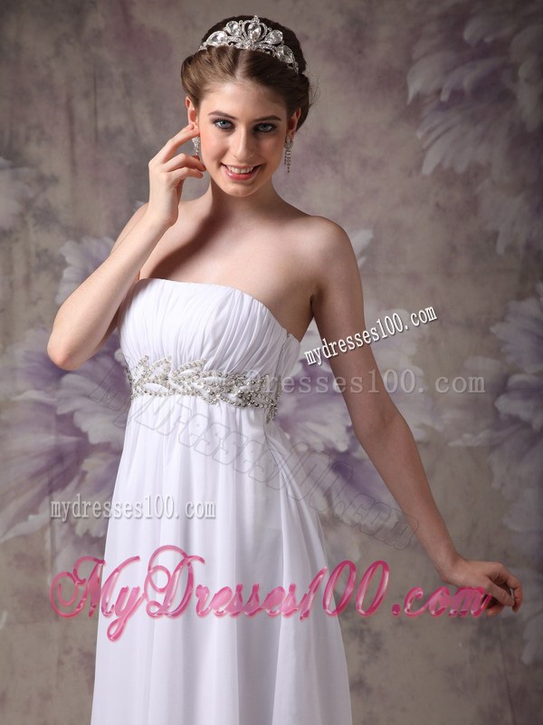 Simple White Chiffon Dress for Prom Decorated with Ruching and Beaded Waist