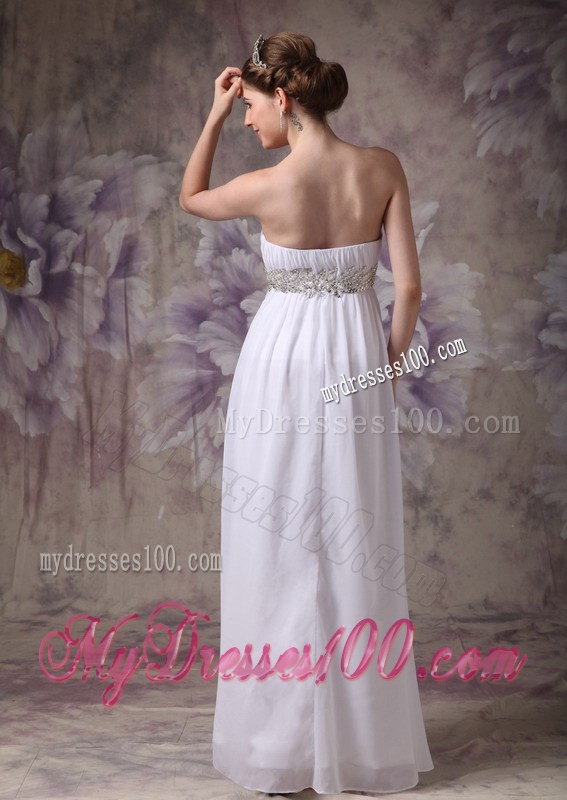 Simple White Chiffon Dress for Prom Decorated with Ruching and Beaded Waist